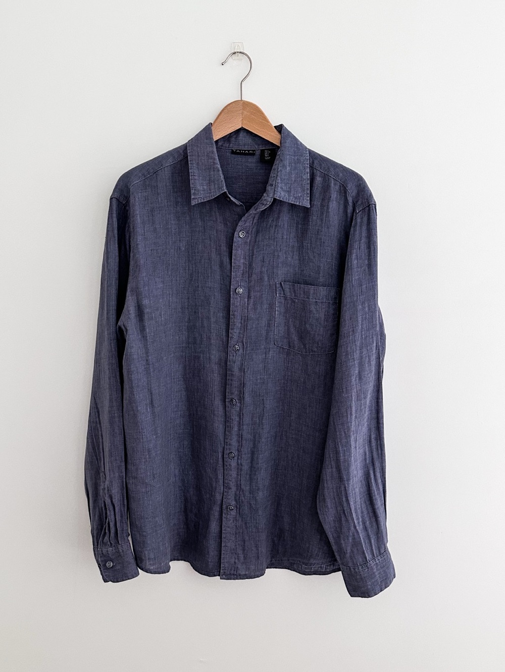 Tahari 100% Linen Button Down Shirt Indigo Blue Relaxed Fit Long Sleeve Size L